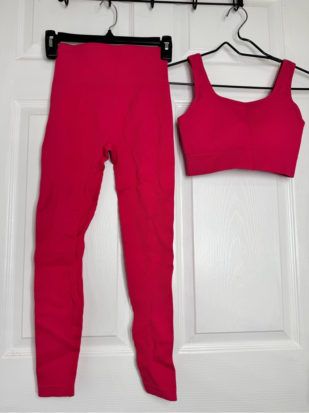 Seamless Ribbed High-Waist Leggings & Crop Tank Set - Hot Pink